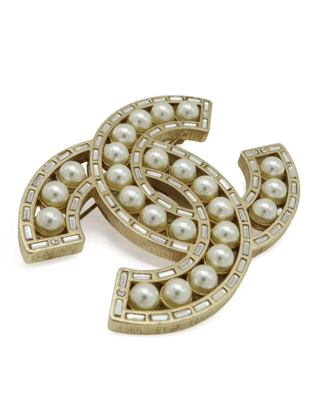 Chanel CC Logo Jumbo CC Brooch Faux Pearl Bijou Rhinestone Gold Plated